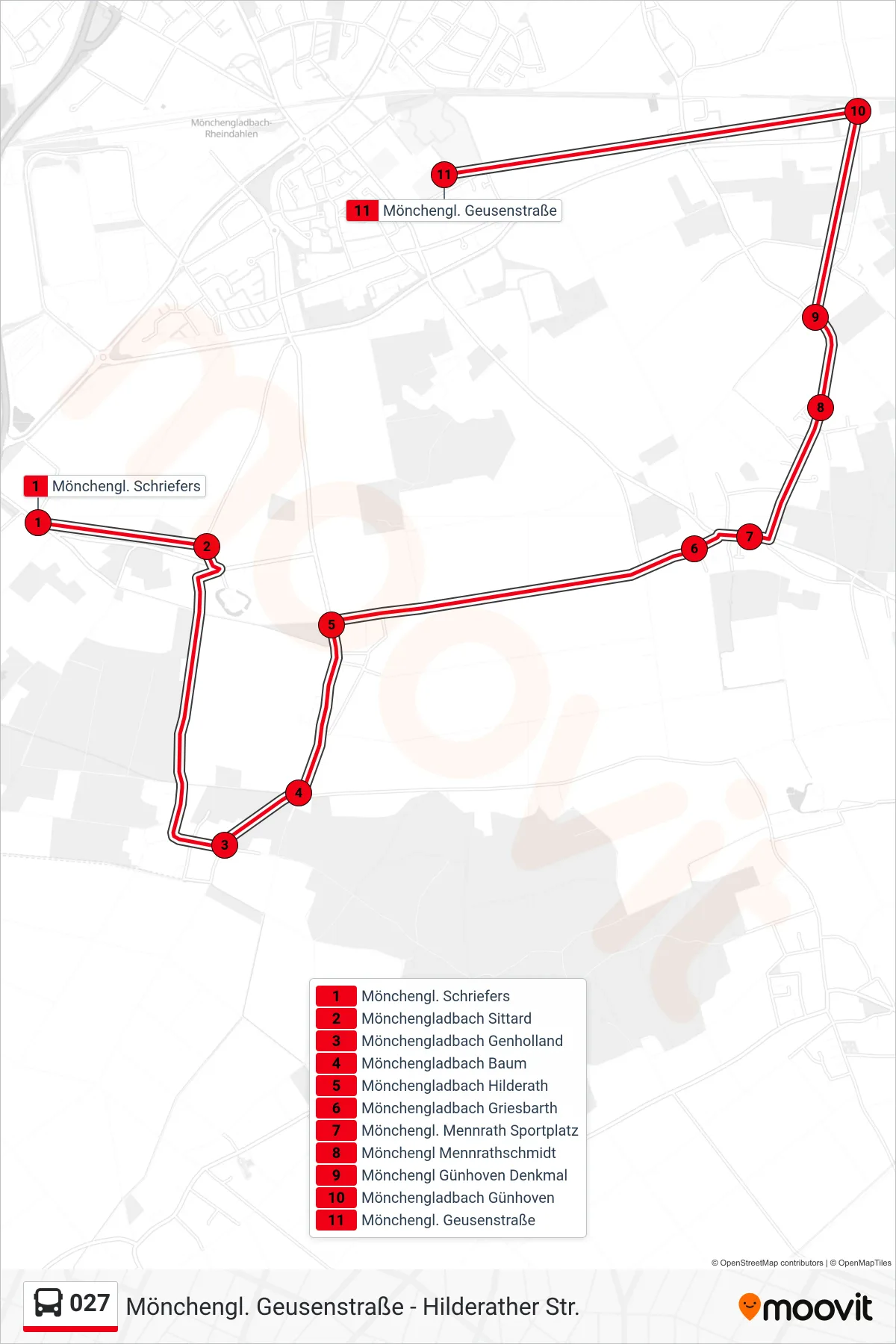 Linie 027 (Bus) Richtung Mönchengl. Geusenstraße: Route und Haltestellen auf der Karte