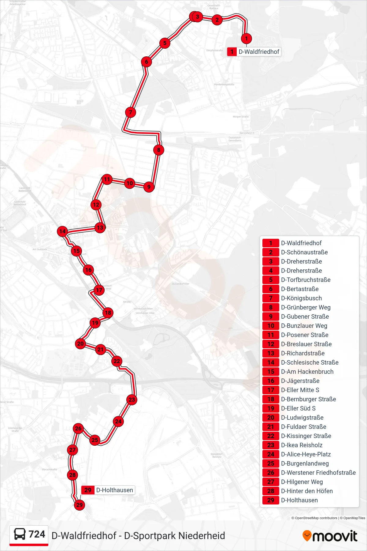 Linie 724 (Bus) Richtung D-Holthausen: Route und Haltestellen auf der Karte