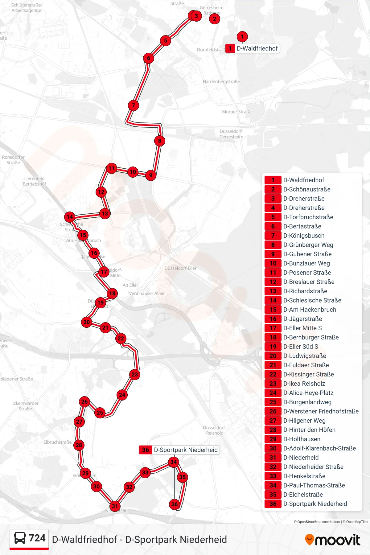 Linie 724 (Bus) Richtung D-Sportpark Niederheid: Route und Haltestellen auf der Karte