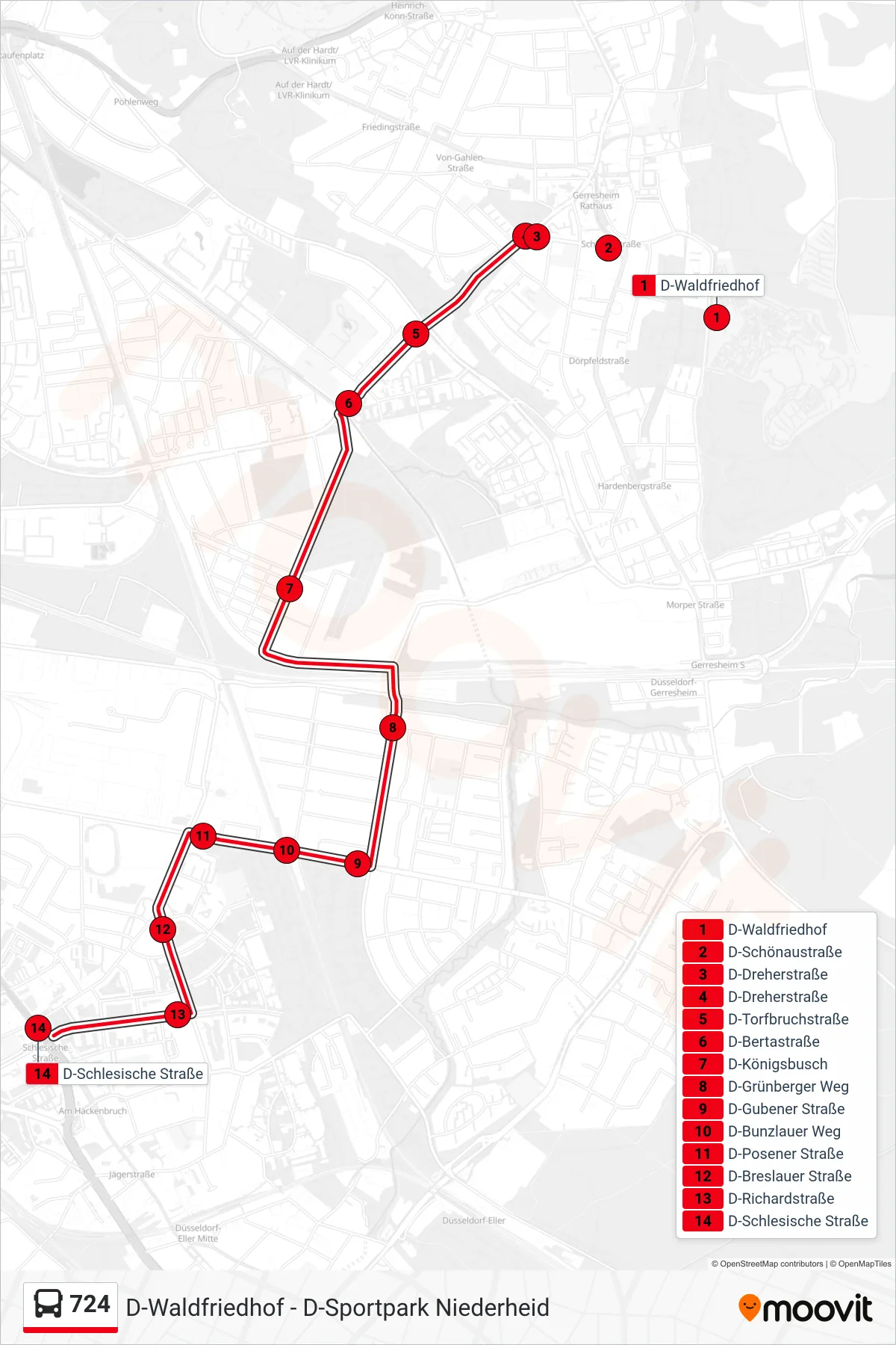 Linie 724 (Bus) Richtung D-Schlesische Straße: Route und Haltestellen auf der Karte