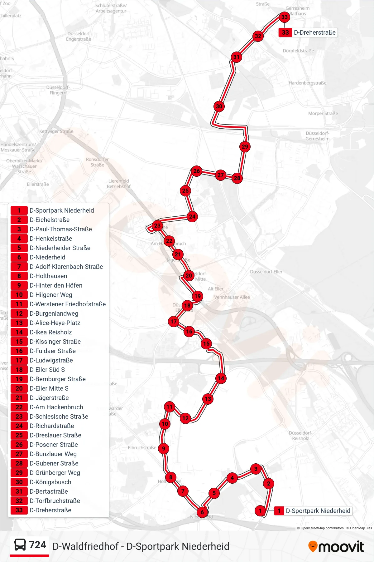 Linie 724 (Bus) Richtung D-Dreherstraße: Route und Haltestellen auf der Karte