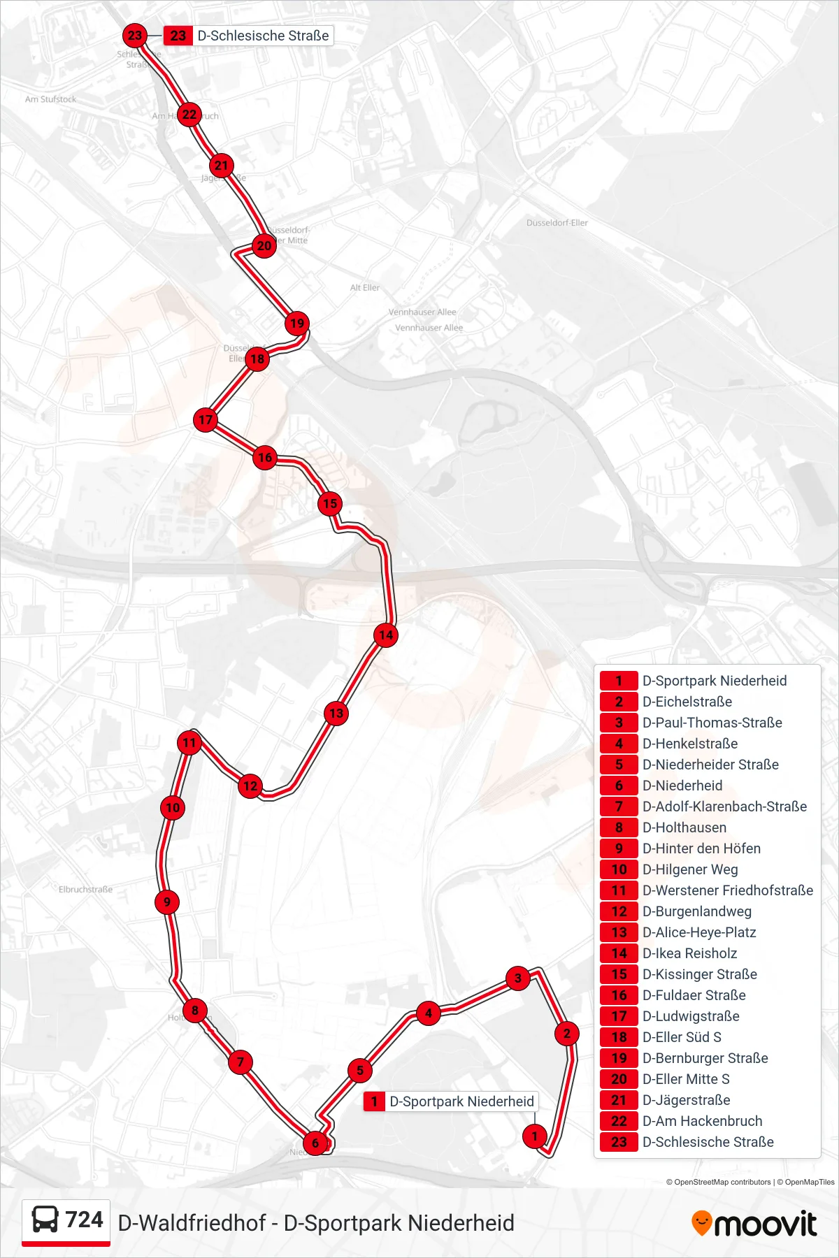 724 bus Line (D-Schlesische Straße) route and stops on a map