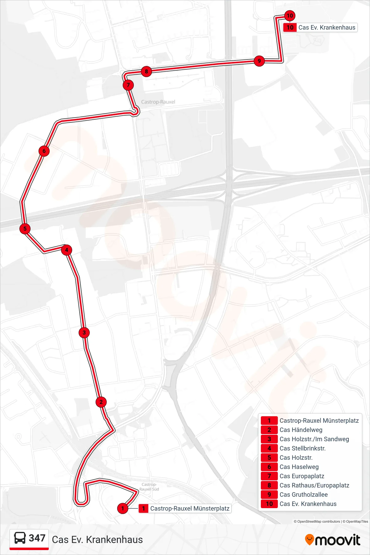 Linie 347 (Bus) Richtung Cas Ev. Krankenhaus: Route und Haltestellen auf der Karte