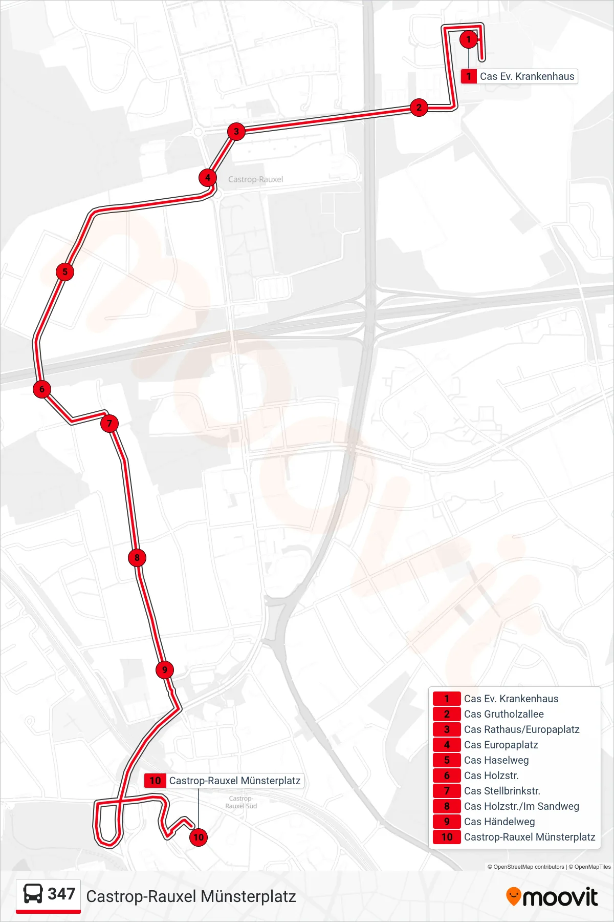 Linie 347 (Bus) Richtung Castrop-Rauxel Münsterplatz: Route und Haltestellen auf der Karte