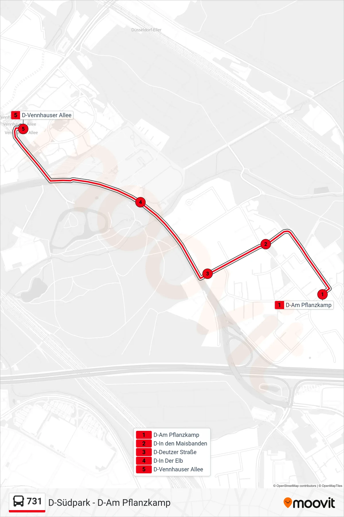 Linie 731 (Bus) Richtung D-Vennhauser Allee: Route und Haltestellen auf der Karte