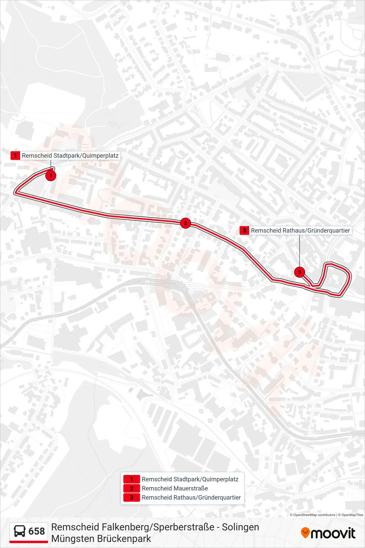 Linie 658 (Bus) Richtung Remscheid Rathaus/Gründerquartier: Route und Haltestellen auf der Karte