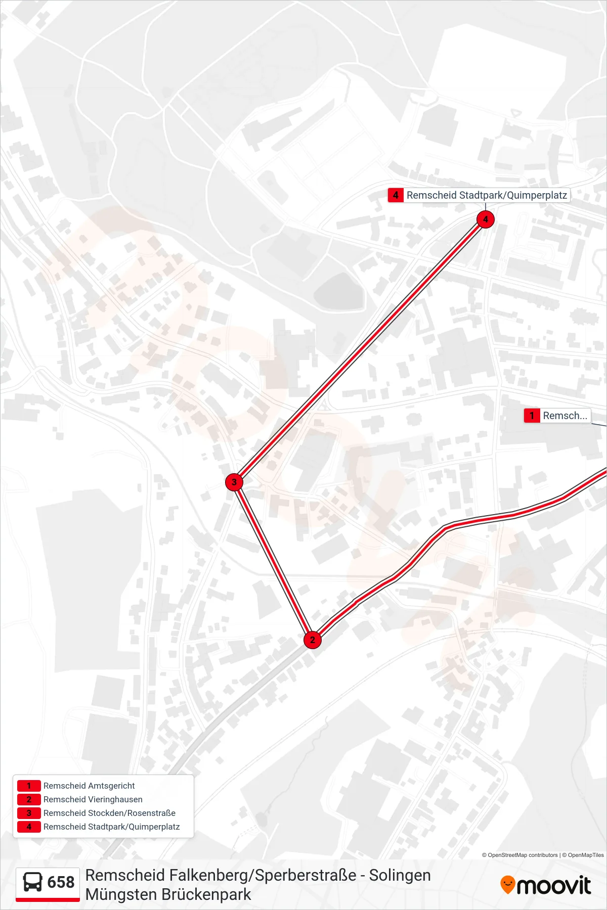 Linie 658 (Bus) Richtung Remscheid Stadtpark/Quimperplatz: Route und Haltestellen auf der Karte
