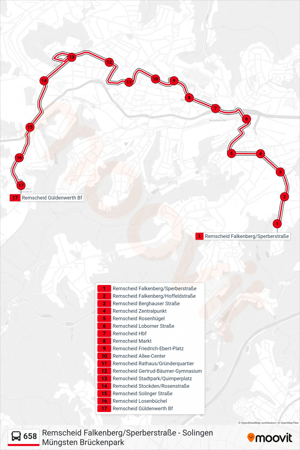 Linie 658 (Bus) Richtung Remscheid Güldenwerth Bf: Route und Haltestellen auf der Karte