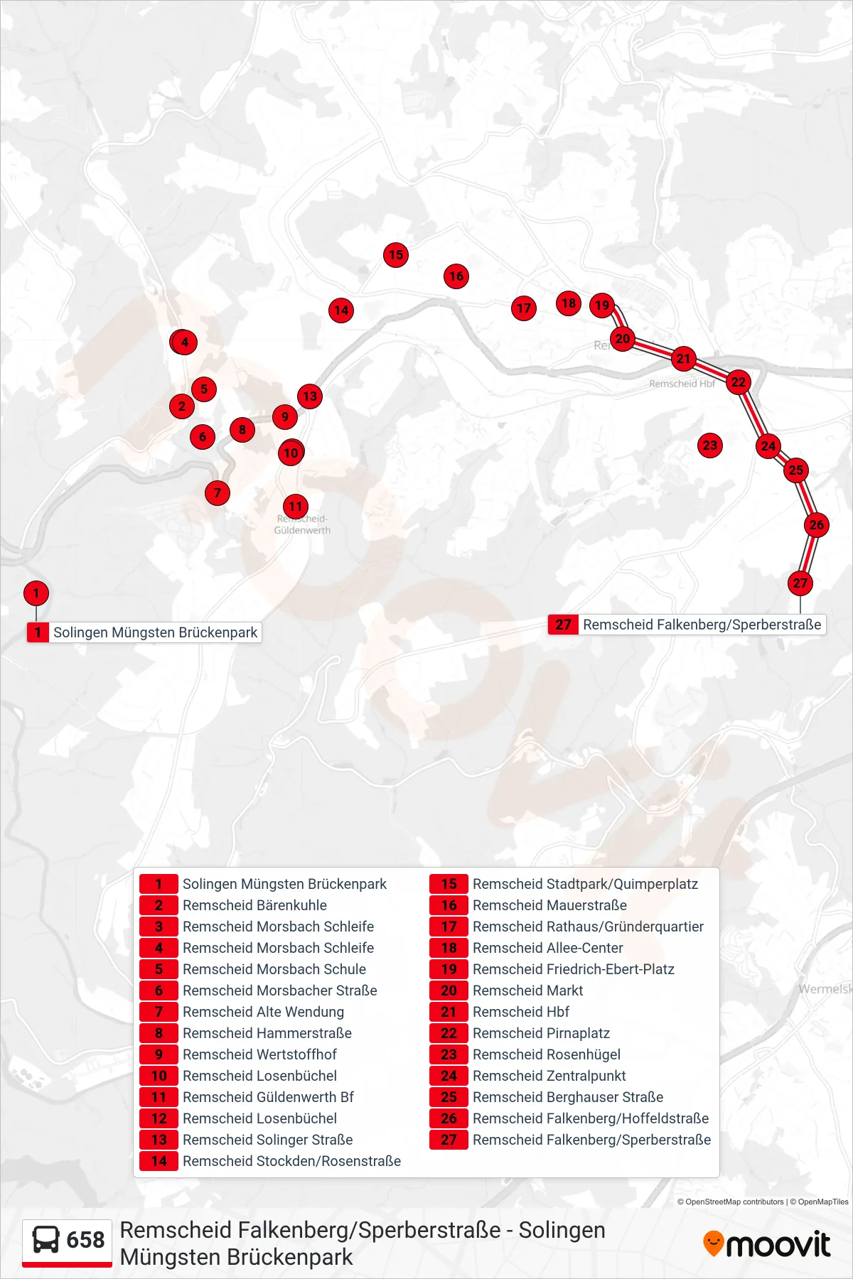 658 bus Line (Remscheid Falkenberg/Sperberstraße) route and stops on a map