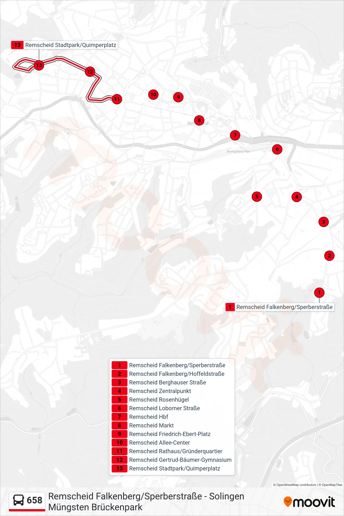 658 bus Line (Remscheid Stadtpark/Quimperplatz) route and stops on a map
