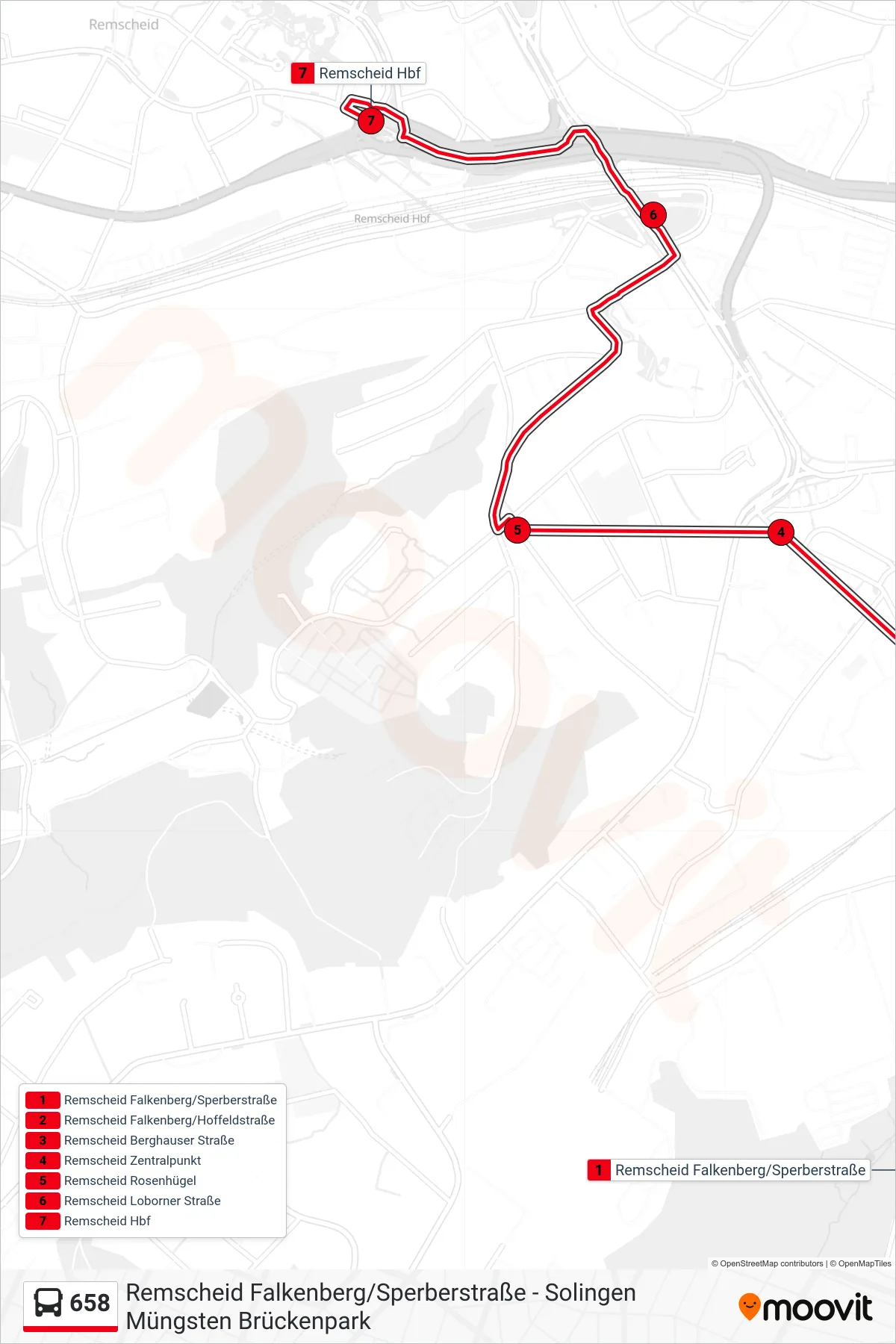 658 bus Line (Remscheid Hbf) route and stops on a map
