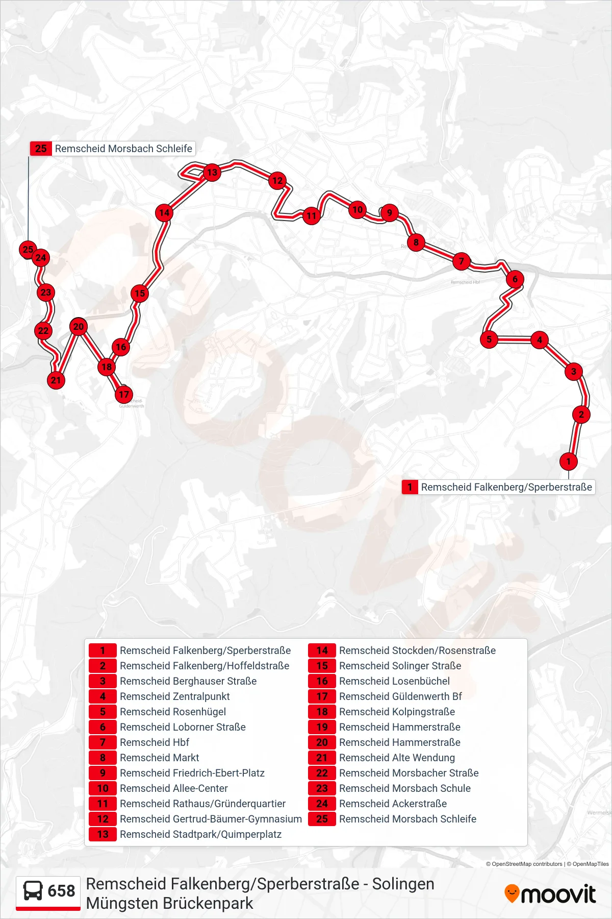 658 bus Line (Remscheid Morsbach Schleife) route and stops on a map