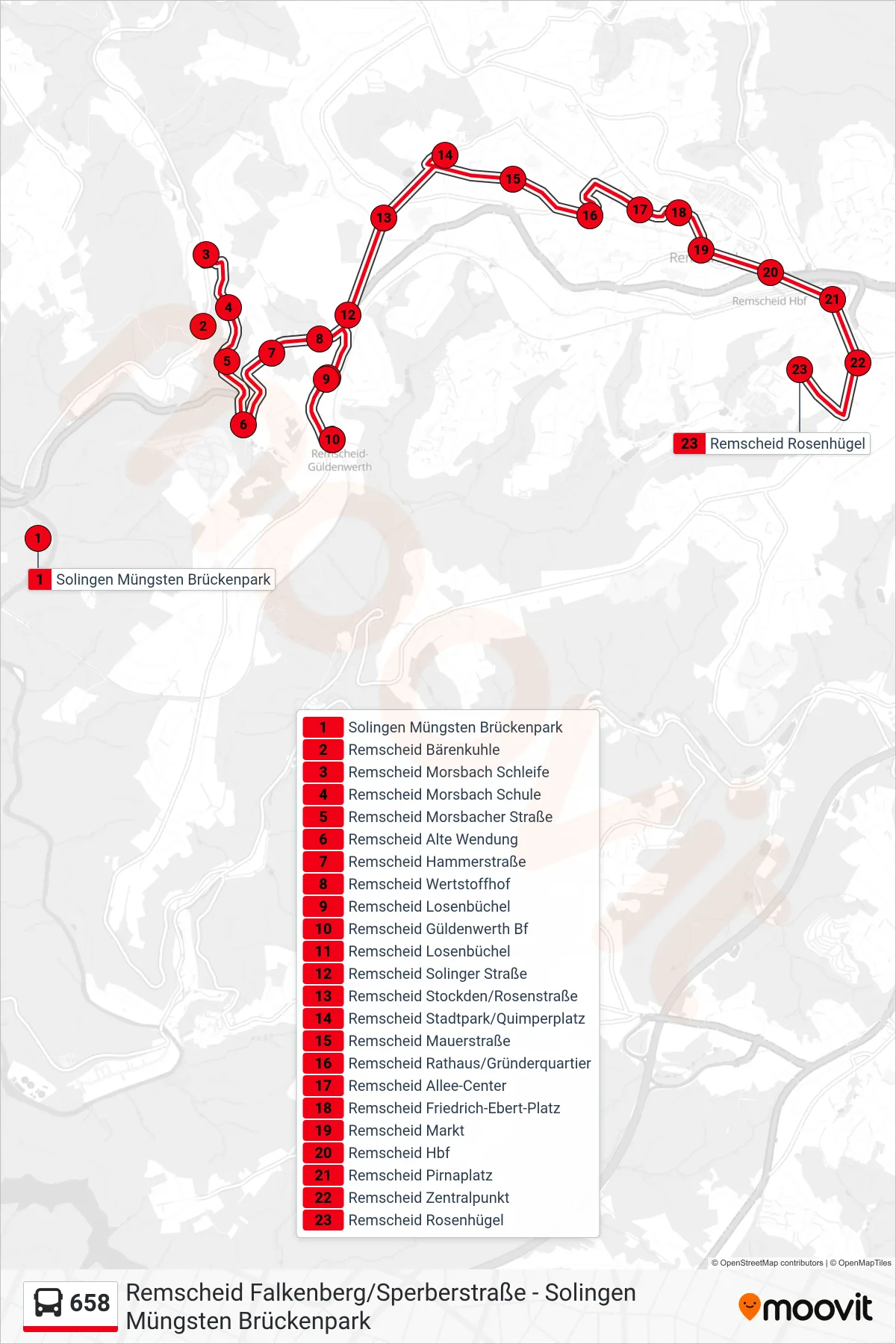 Linie 658 (Bus) Richtung Remscheid Rosenhügel: Route und Haltestellen auf der Karte