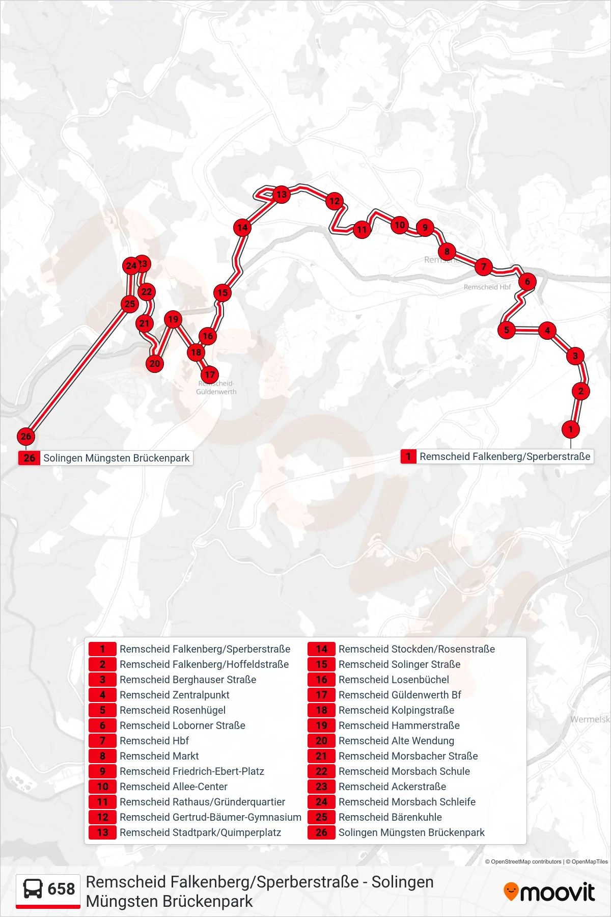 658 bus Line (Solingen Müngsten Brückenpark) route and stops on a map