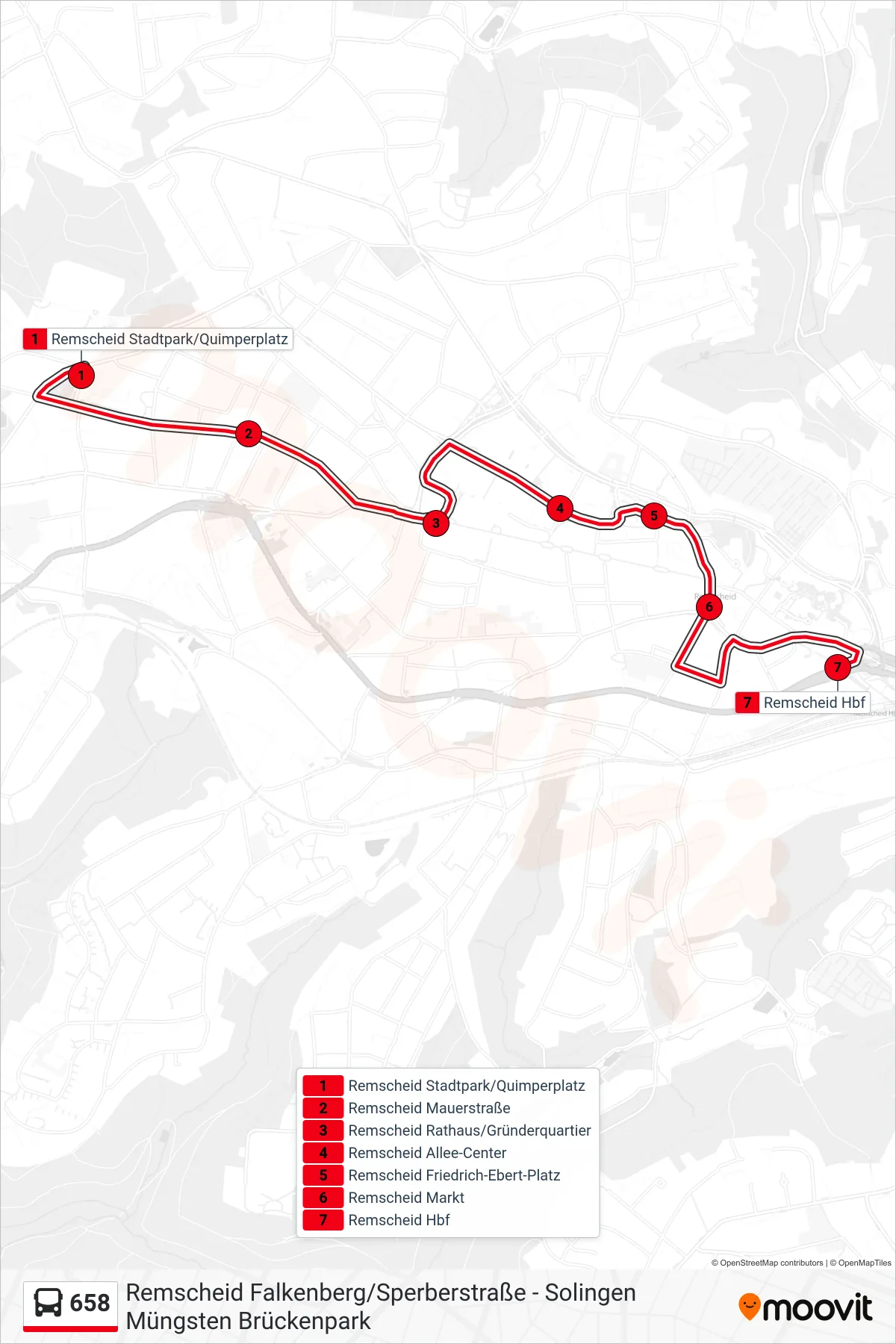 658 bus Line (Remscheid Hbf) route and stops on a map
