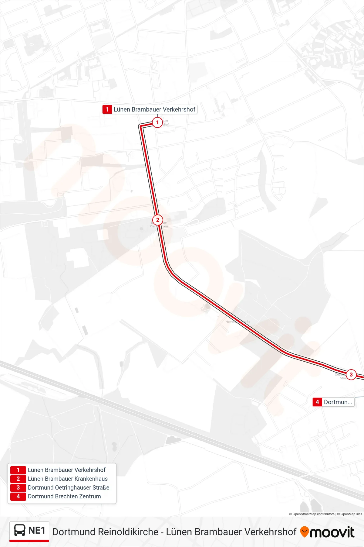 Linie NE1 (Bus) Richtung Dortmund Brechten Zentrum: Route und Haltestellen auf der Karte