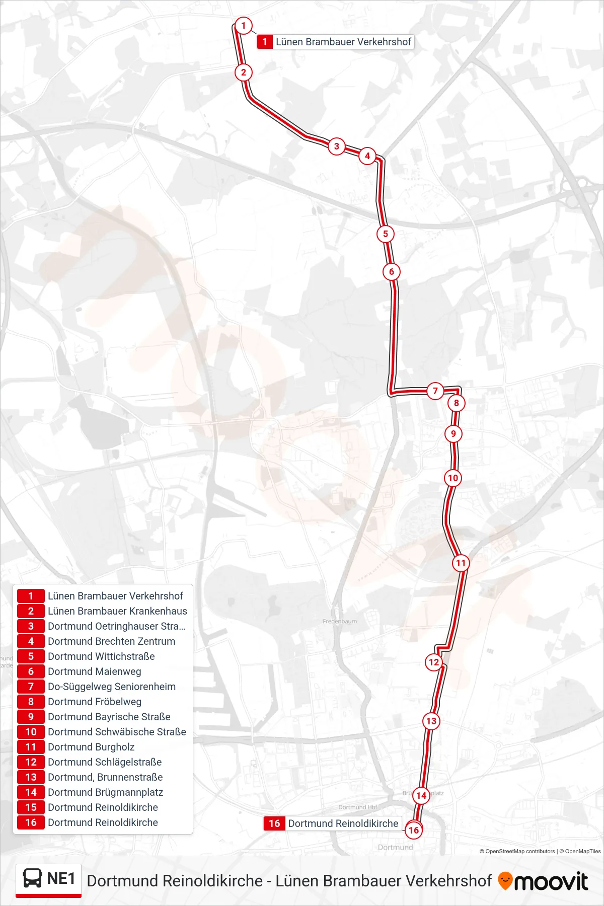 NE1 bus Line (Dortmund Reinoldikirche) route and stops on a map