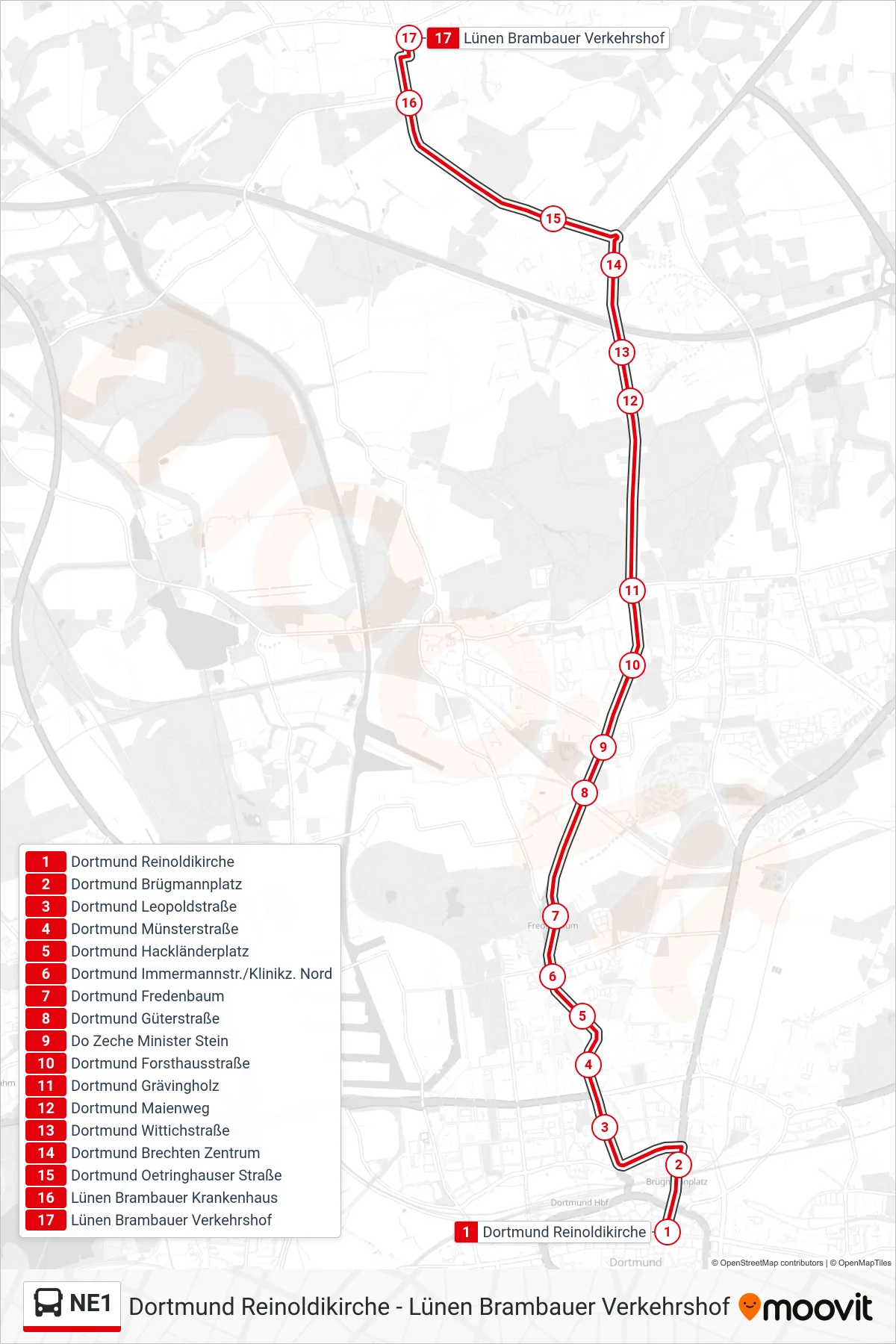 Linie NE1 (Bus) Richtung Lünen Brambauer Verkehrshof: Route und Haltestellen auf der Karte
