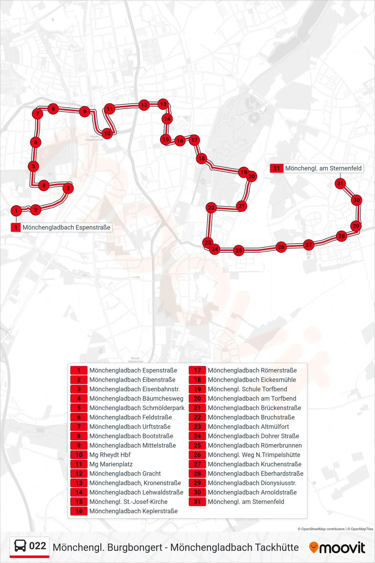022 bus Line (Mönchengl. am Sternenfeld) route and stops on a map