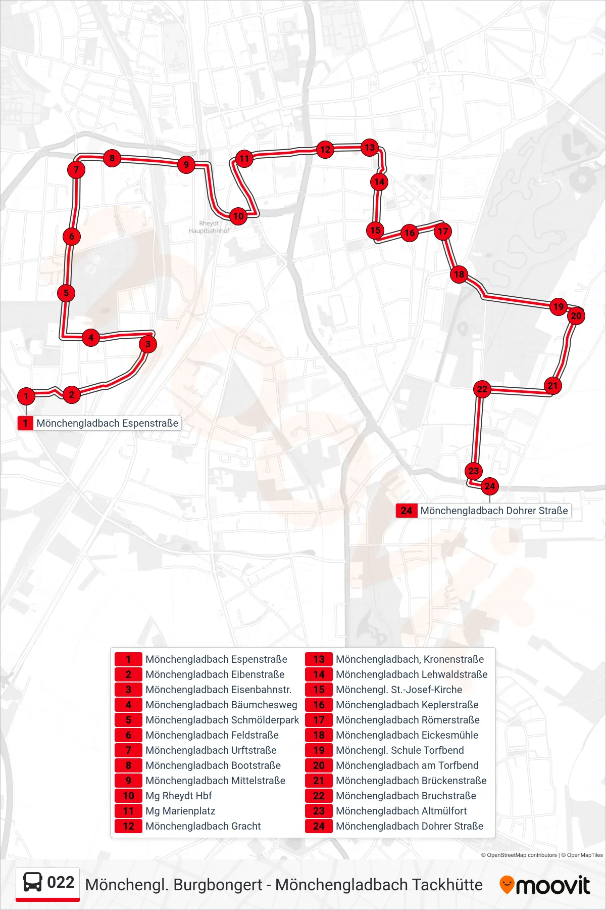 Linie 022 (Bus) Richtung Mönchengladbach Dohrer Straße: Route und Haltestellen auf der Karte