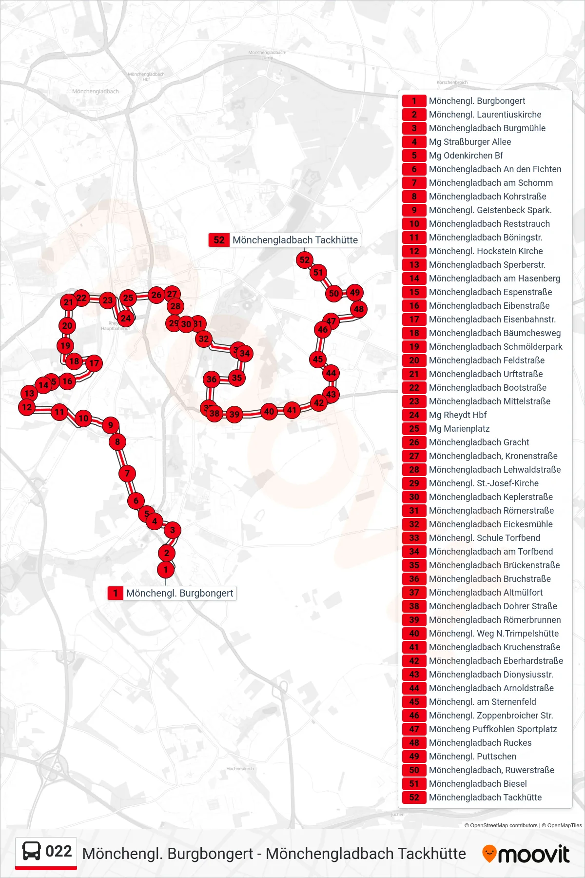 022 bus Line (Mönchengladbach Tackhütte) route and stops on a map
