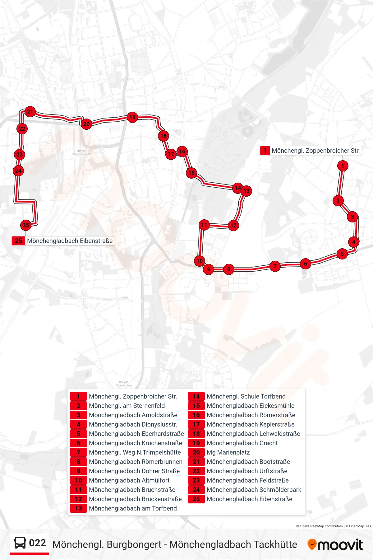 022 bus Line (Mönchengladbach Eibenstraße) route and stops on a map