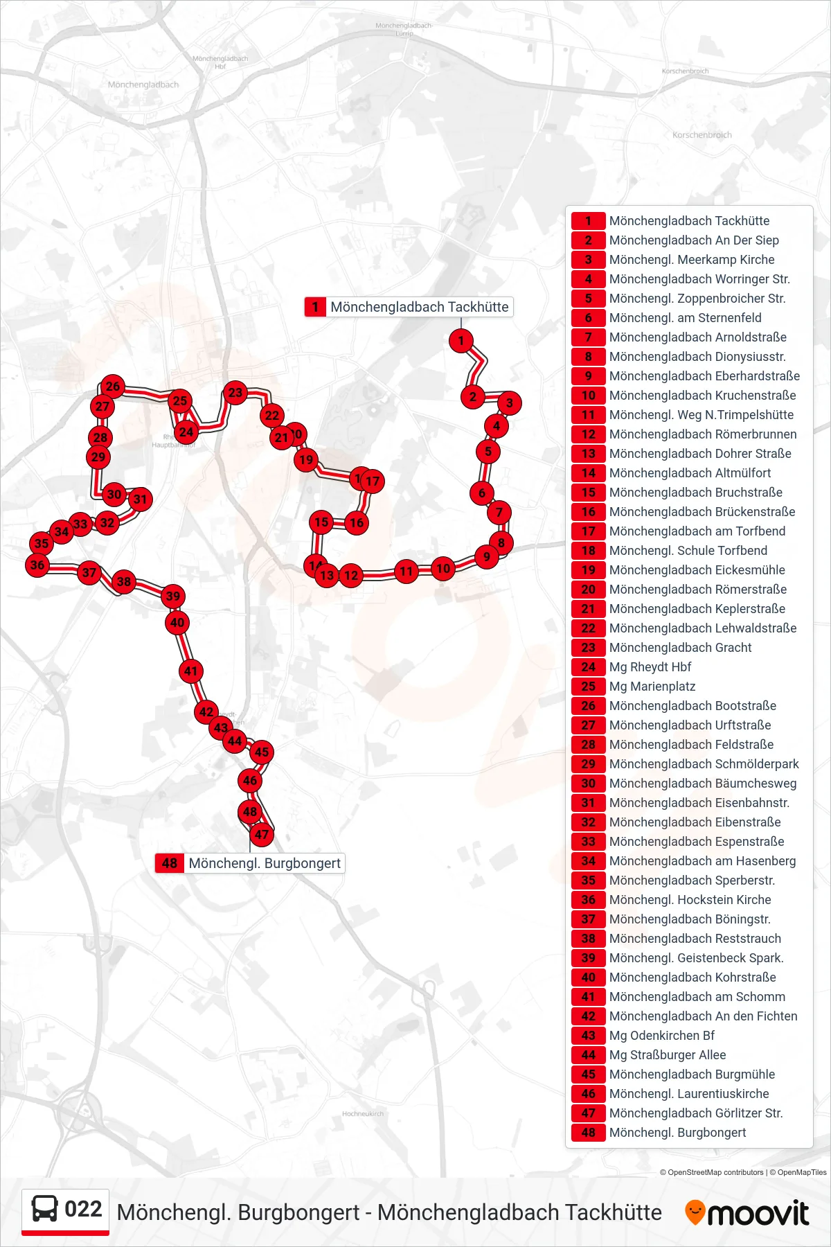 Linie 022 (Bus) Richtung Mönchengl. Burgbongert: Route und Haltestellen auf der Karte