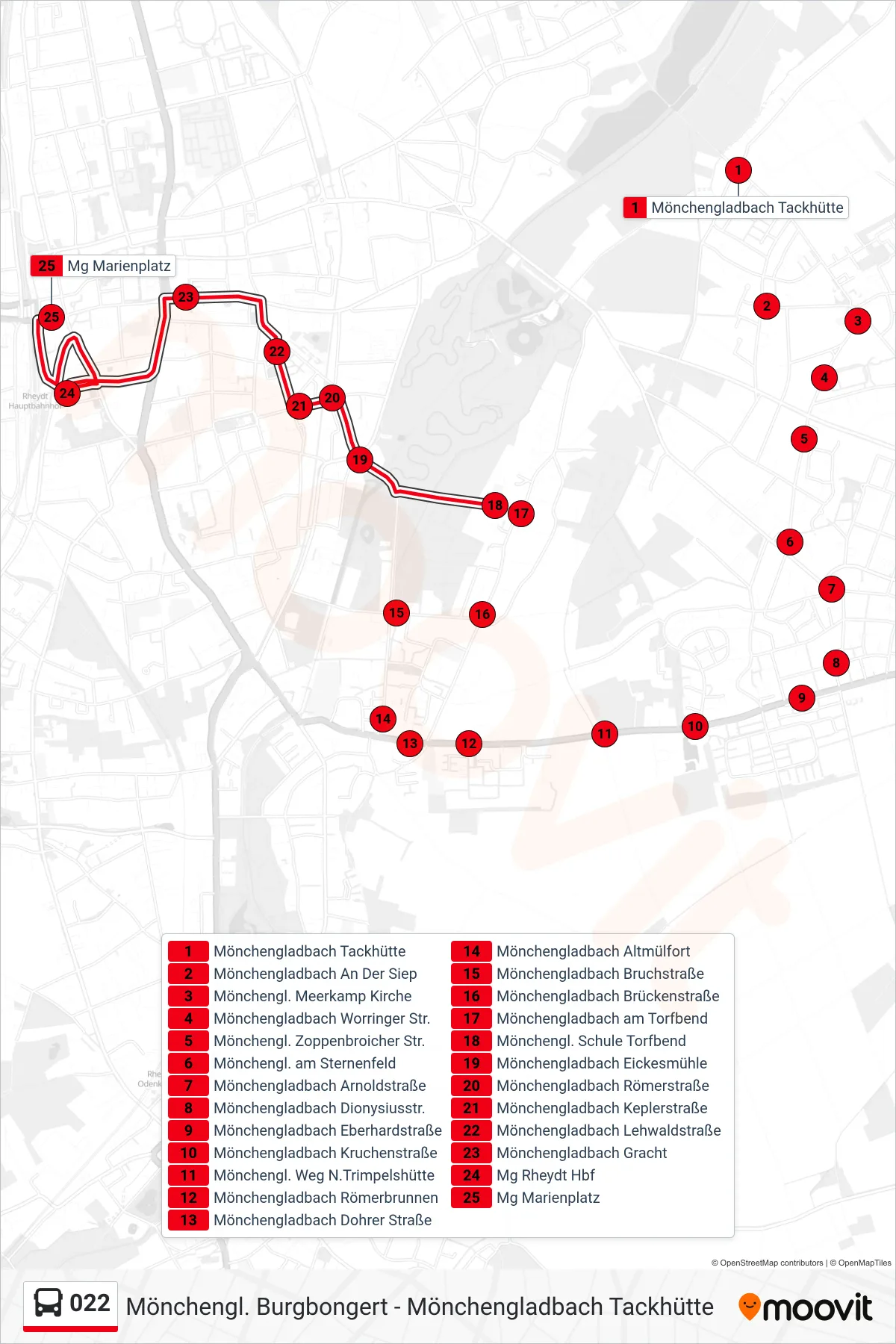 022 bus Line (Mg Marienplatz) route and stops on a map