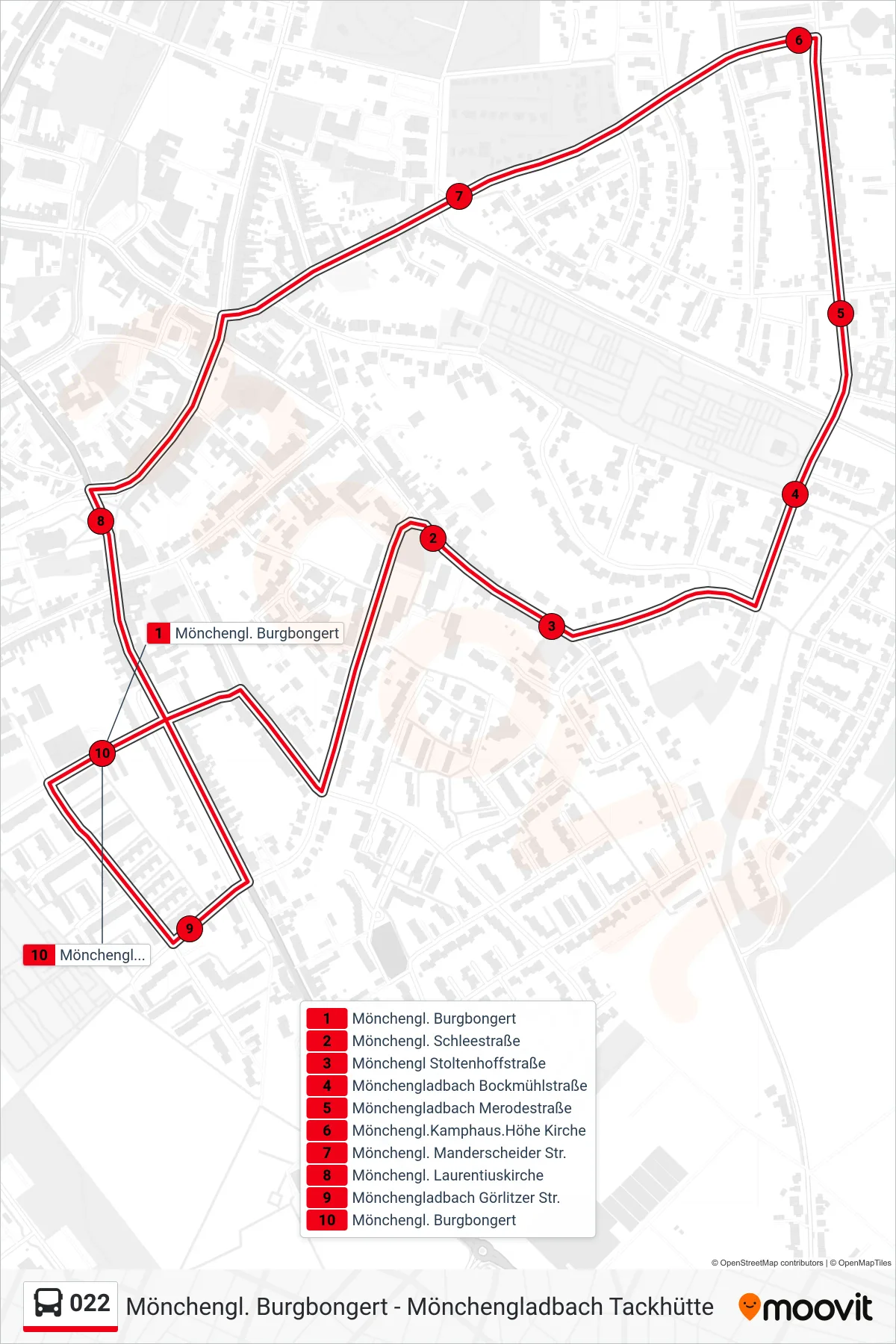 022 bus Line (Mönchengl. Burgbongert) route and stops on a map