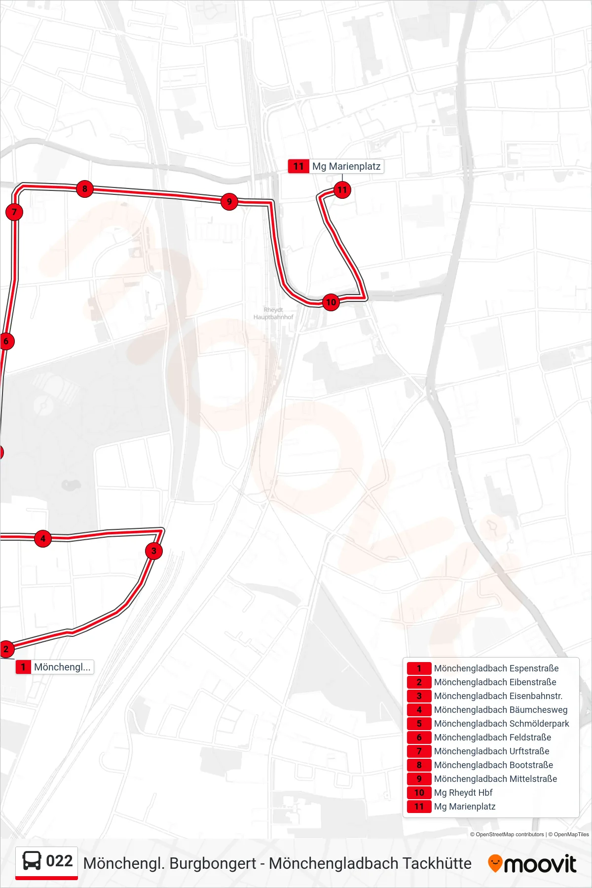 022 bus Line (Mg Marienplatz) route and stops on a map