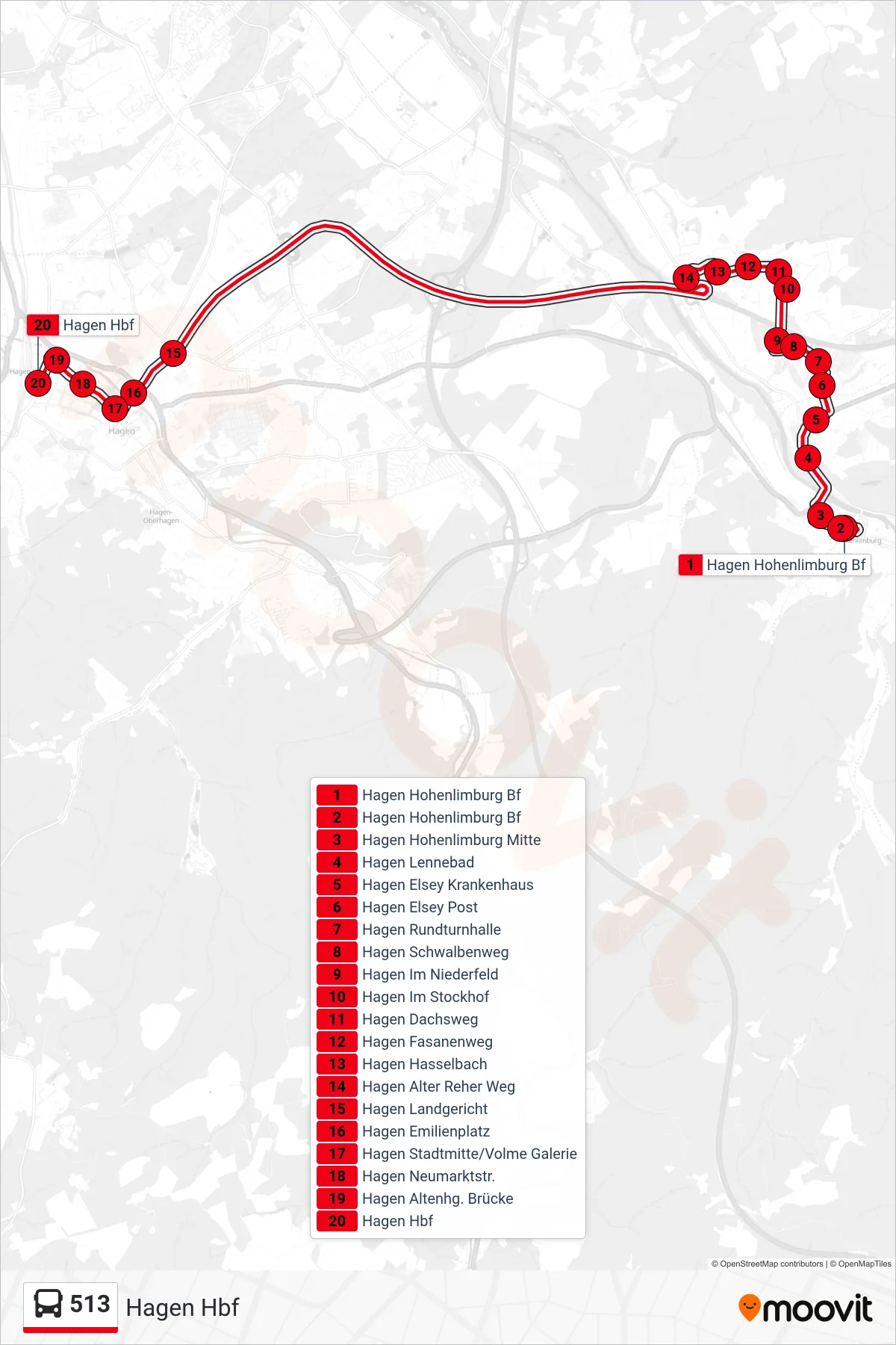 Linie 513 (Bus) Richtung Hagen Hbf: Route und Haltestellen auf der Karte