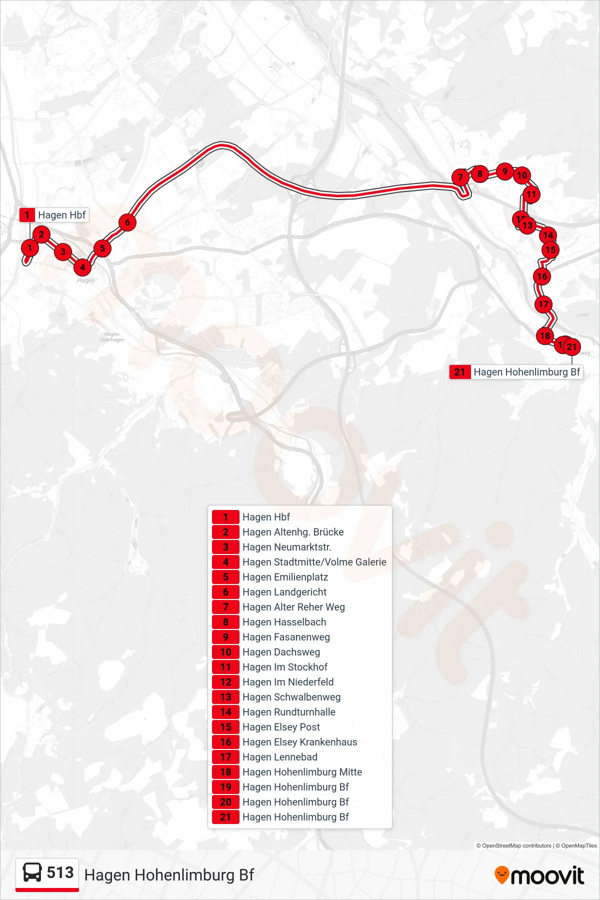 Linie 513 (Bus) Richtung Hagen Hohenlimburg Bf: Route und Haltestellen auf der Karte