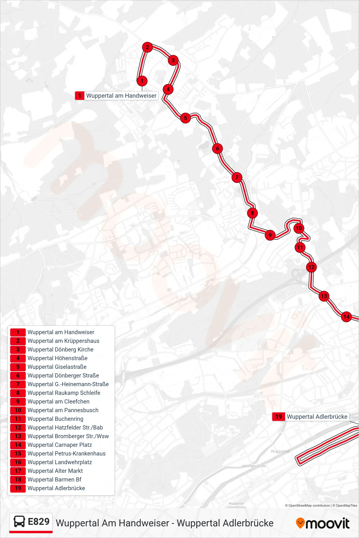 Linie E829 (Bus) Richtung Wuppertal Adlerbrücke: Route und Haltestellen auf der Karte