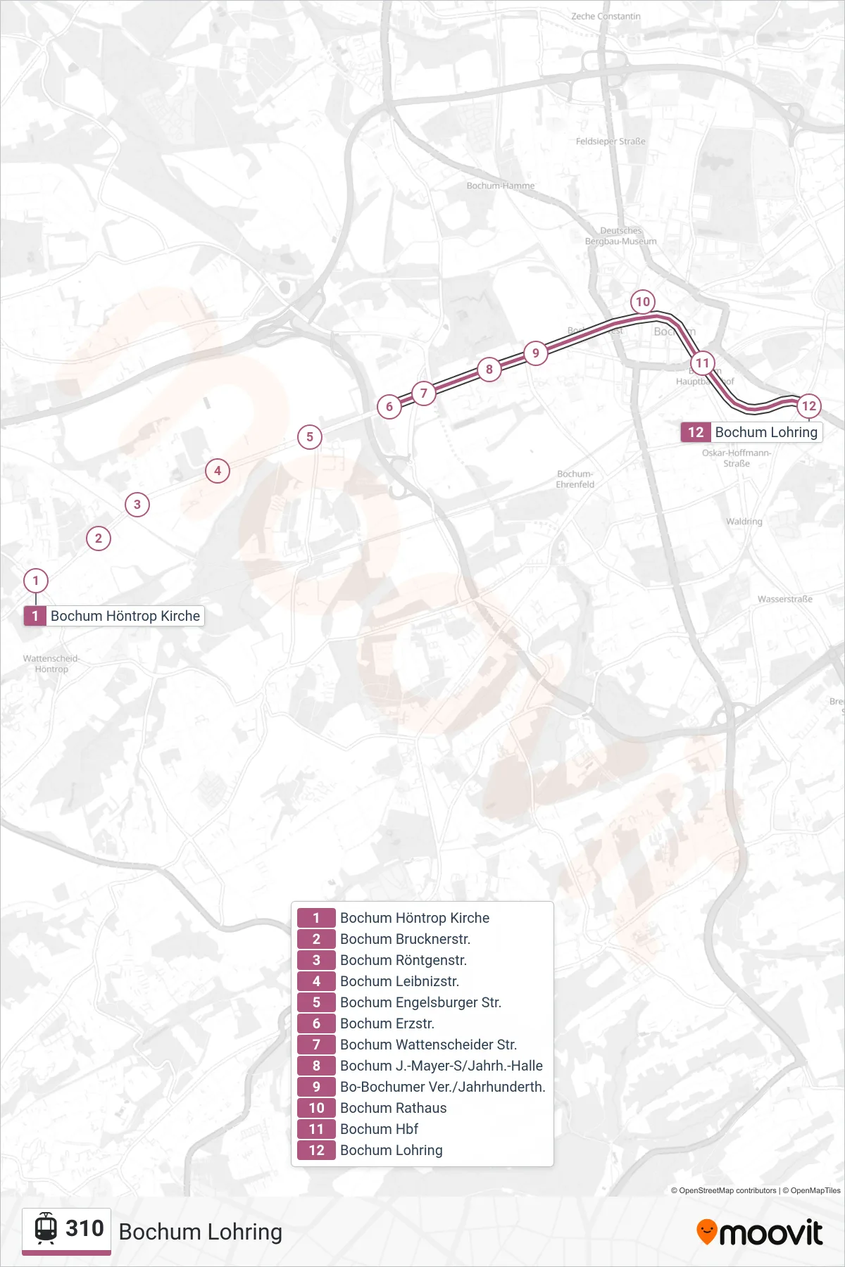 Linie 310 (Straßenbahn) Richtung Bochum Lohring: Route und Haltestellen auf der Karte