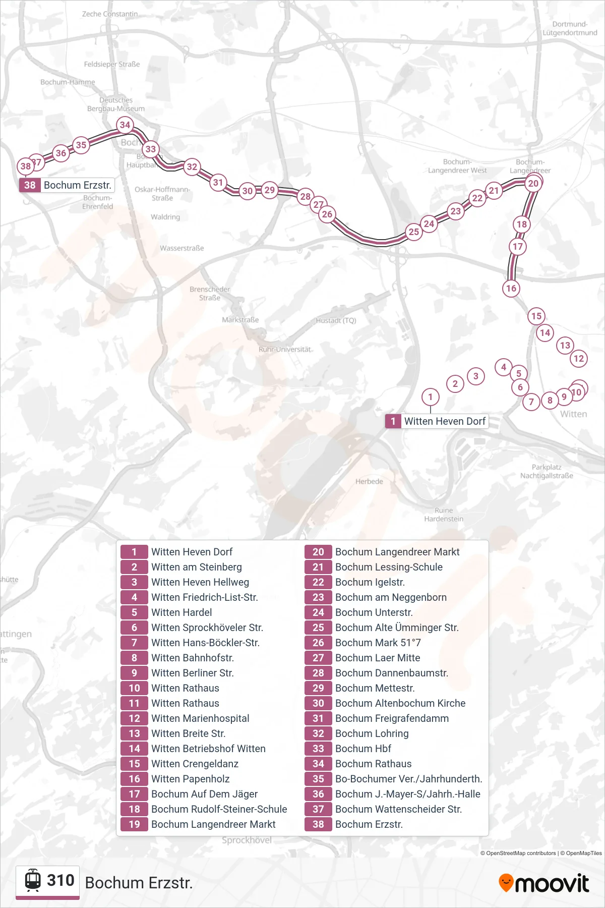 310 tram Line (Bochum Erzstr.) route and stops on a map