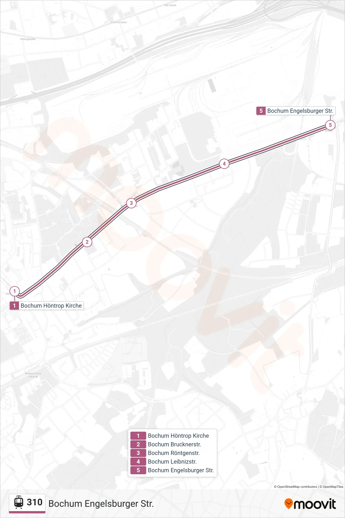 Linie 310 (Tram) Richtung Bochum Engelsburger Str.: Route und Haltestellen auf der Karte