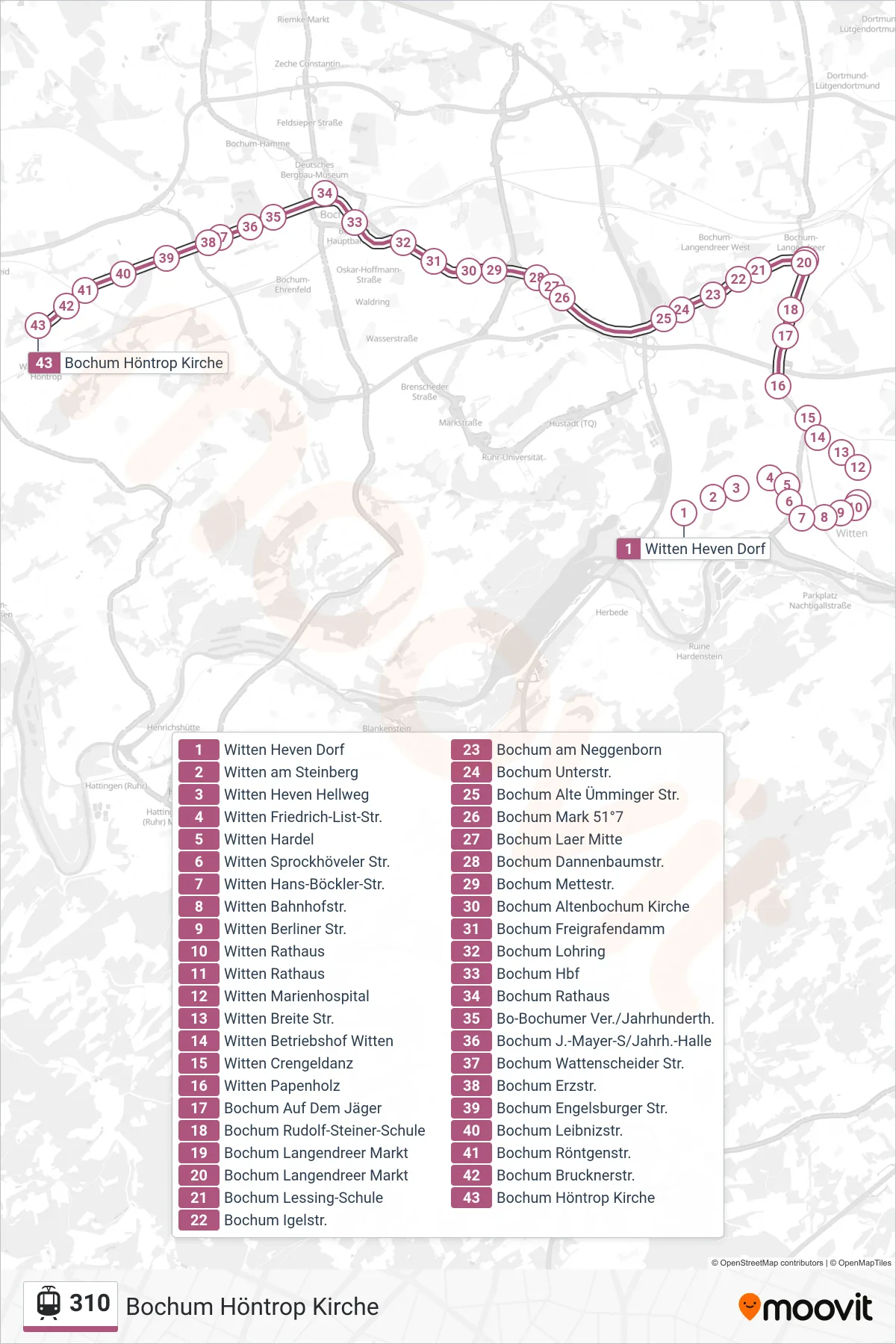 310 light rail Line (Bochum Höntrop Kirche) route and stops on a map