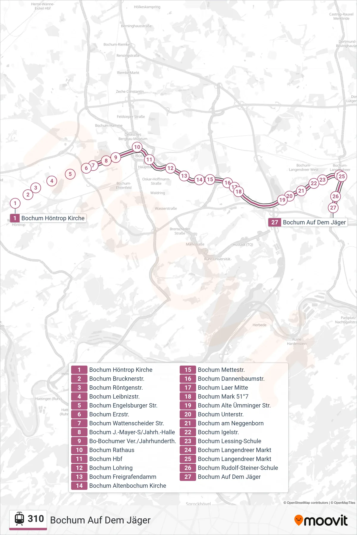 Linie 310 (Straßenbahn) Richtung Bochum Auf Dem Jäger: Route und Haltestellen auf der Karte