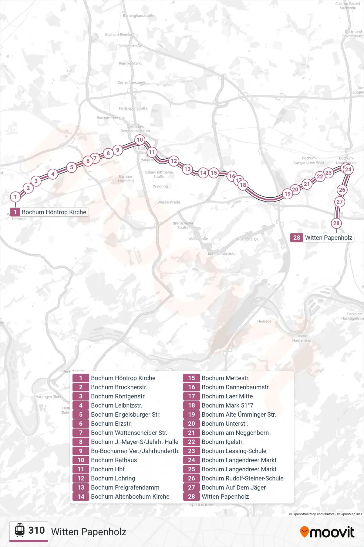 310 tram Line (Witten Papenholz) route and stops on a map