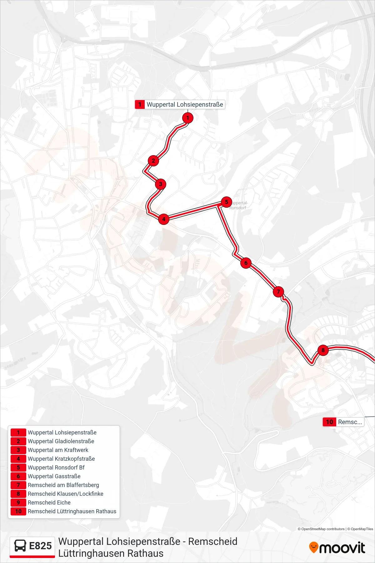 Linie E825 (Bus) Richtung Remscheid Lüttringhausen Rathaus: Route und Haltestellen auf der Karte
