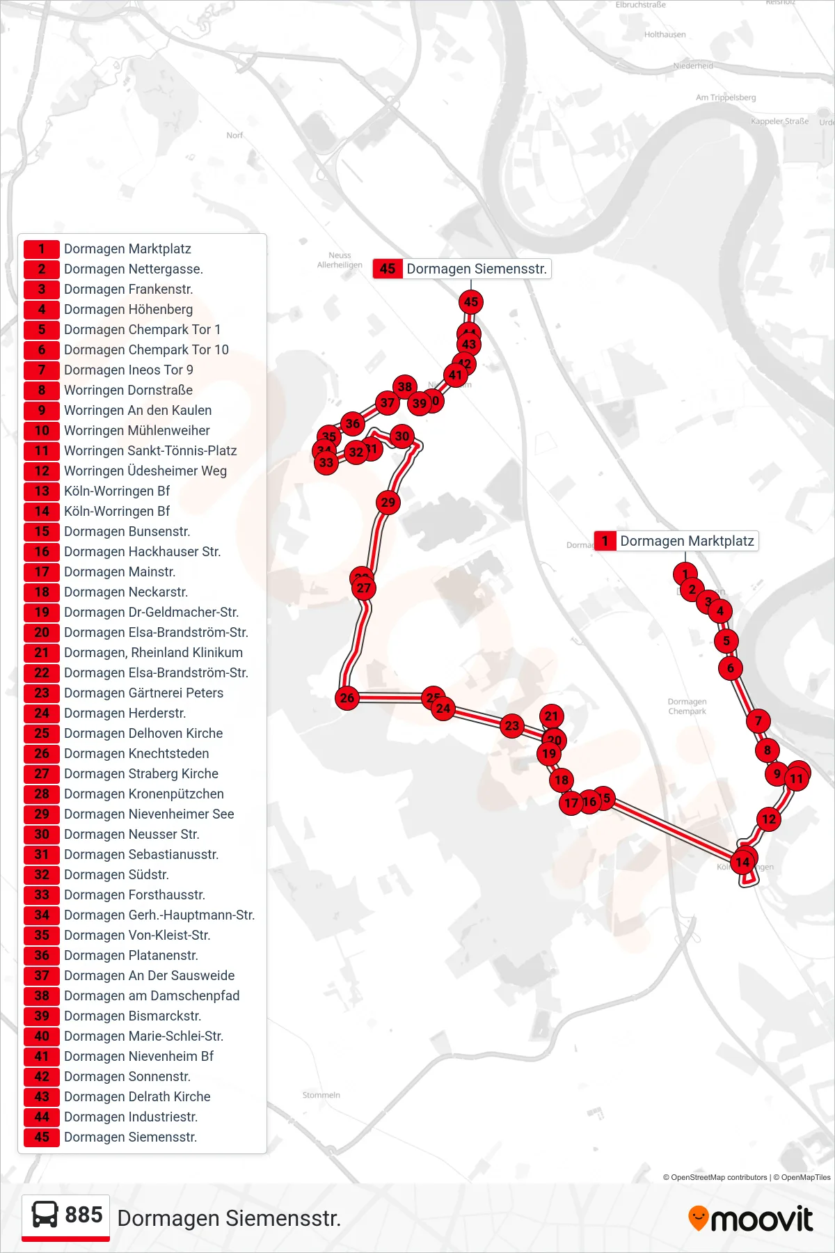 Linie 885 (Bus) Richtung Dormagen Siemensstr.: Route und Haltestellen auf der Karte