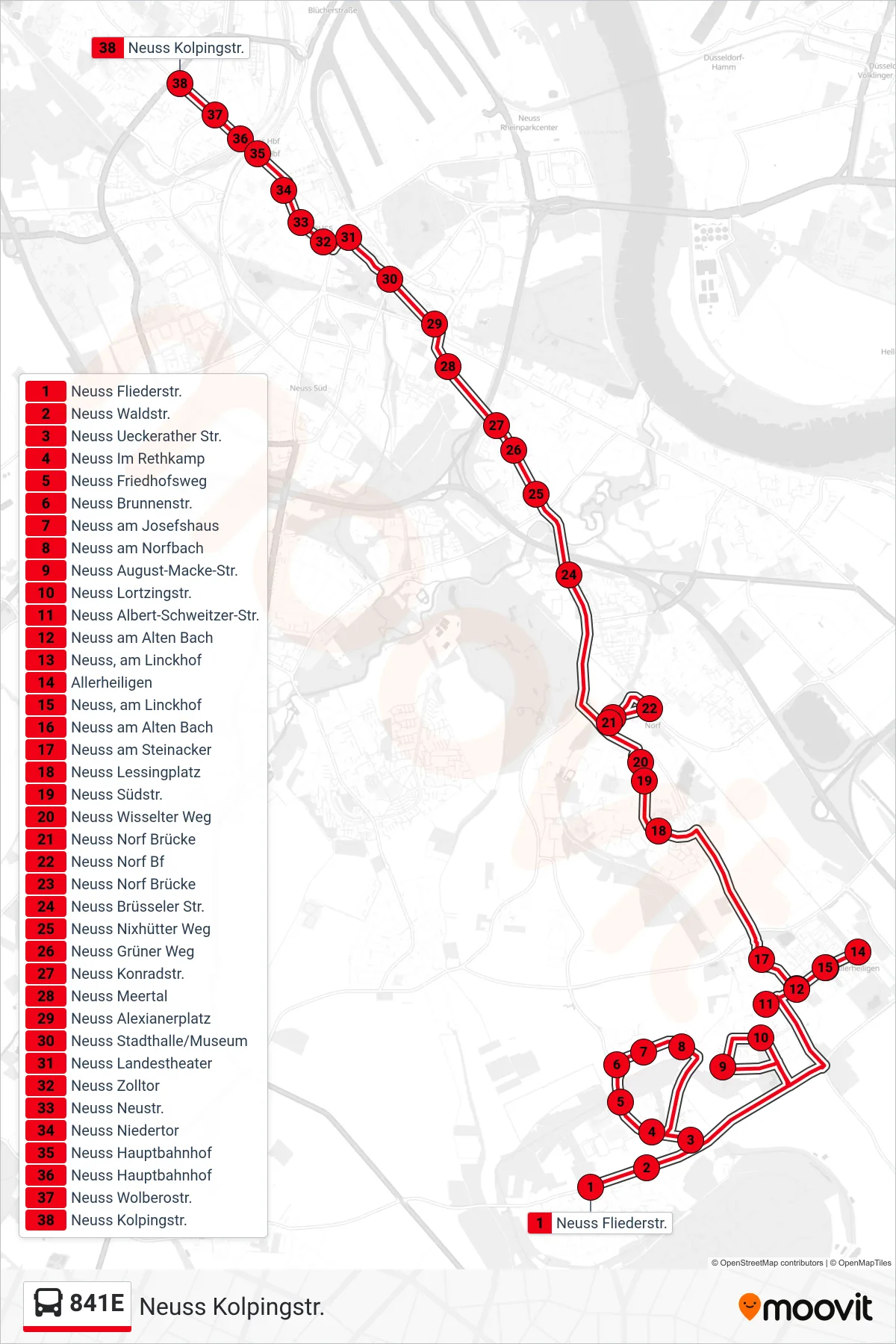 841E bus Line (Neuss Kolpingstr.) route and stops on a map