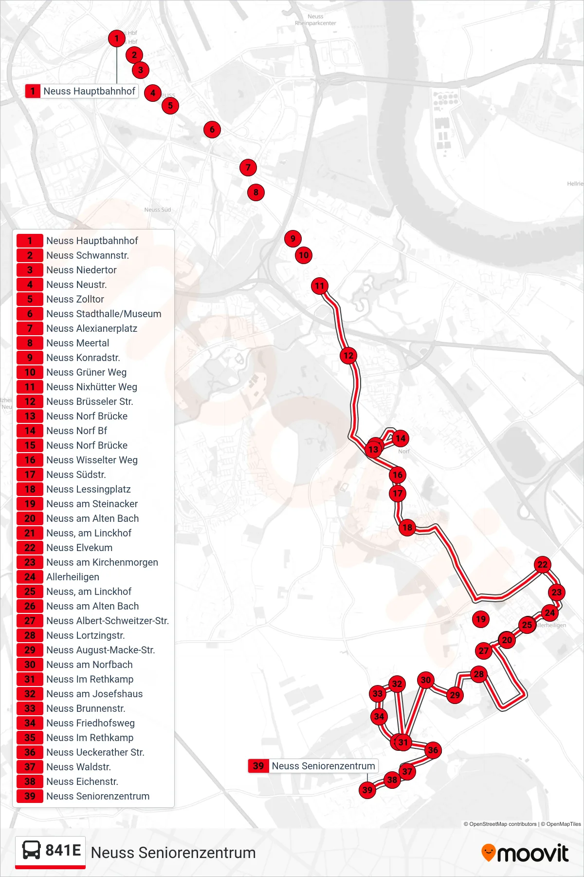 841E bus Line (Neuss Seniorenzentrum) route and stops on a map