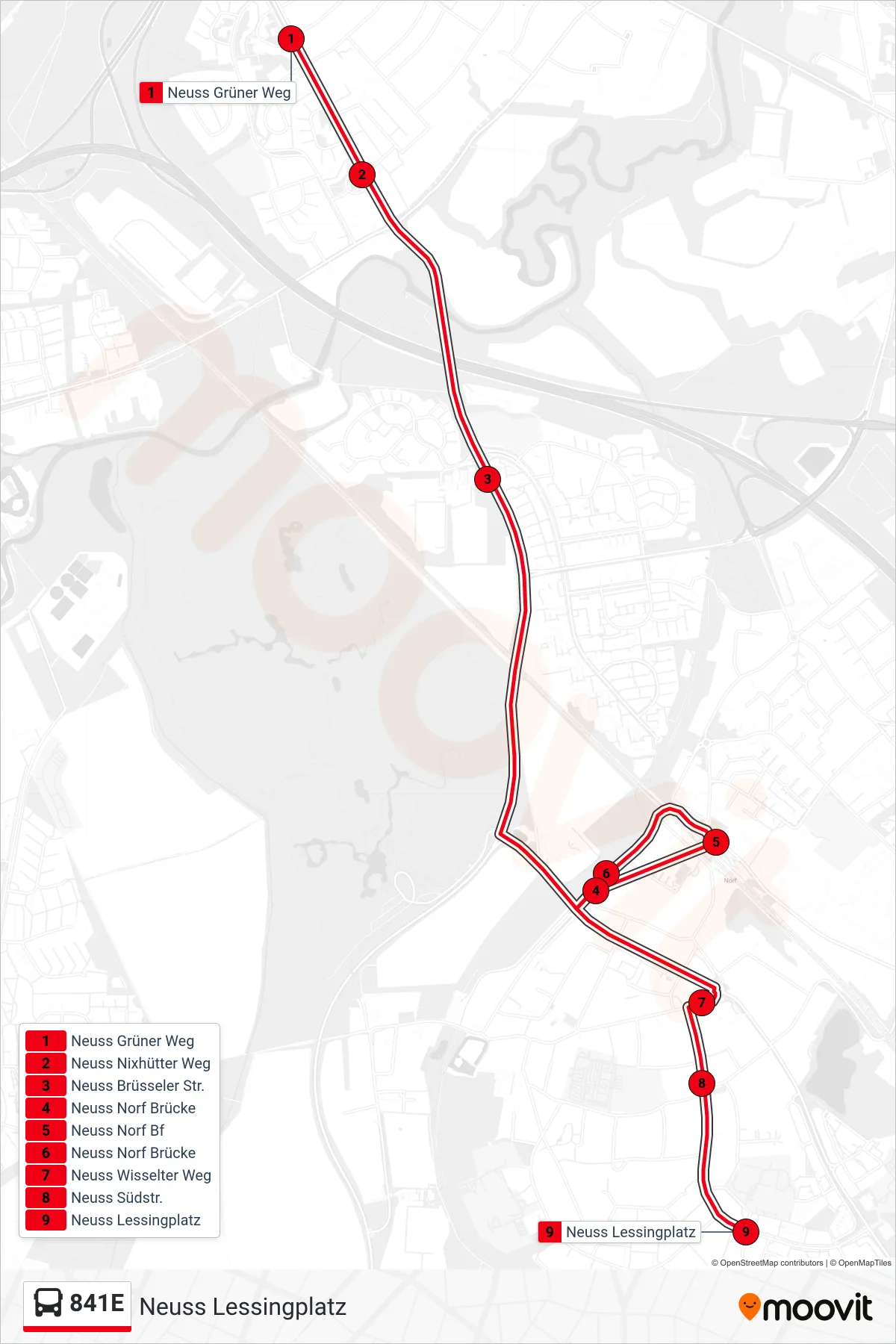 841E bus Line (Neuss Lessingplatz) route and stops on a map