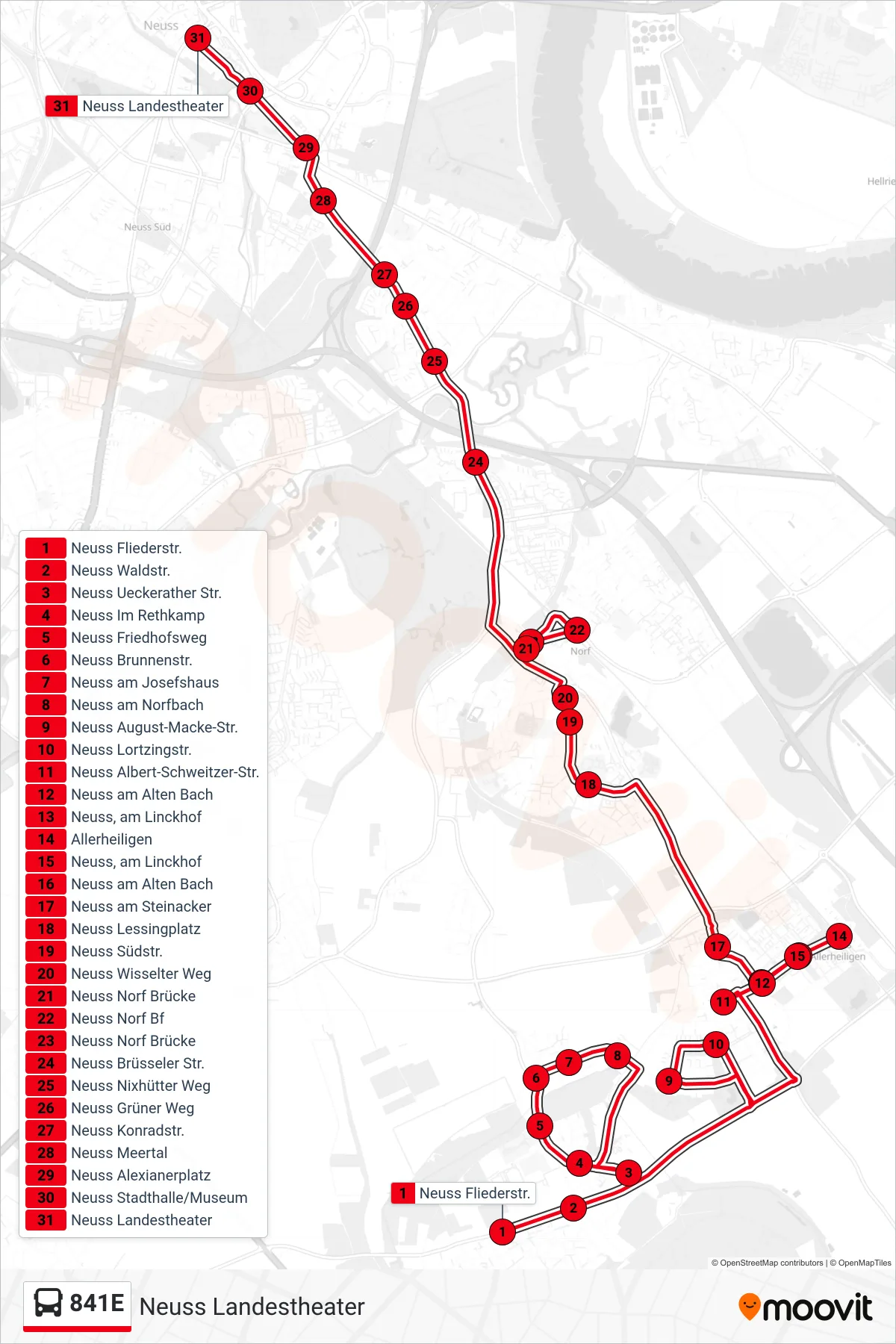 Linie 841E (Bus) Richtung Neuss Landestheater: Route und Haltestellen auf der Karte
