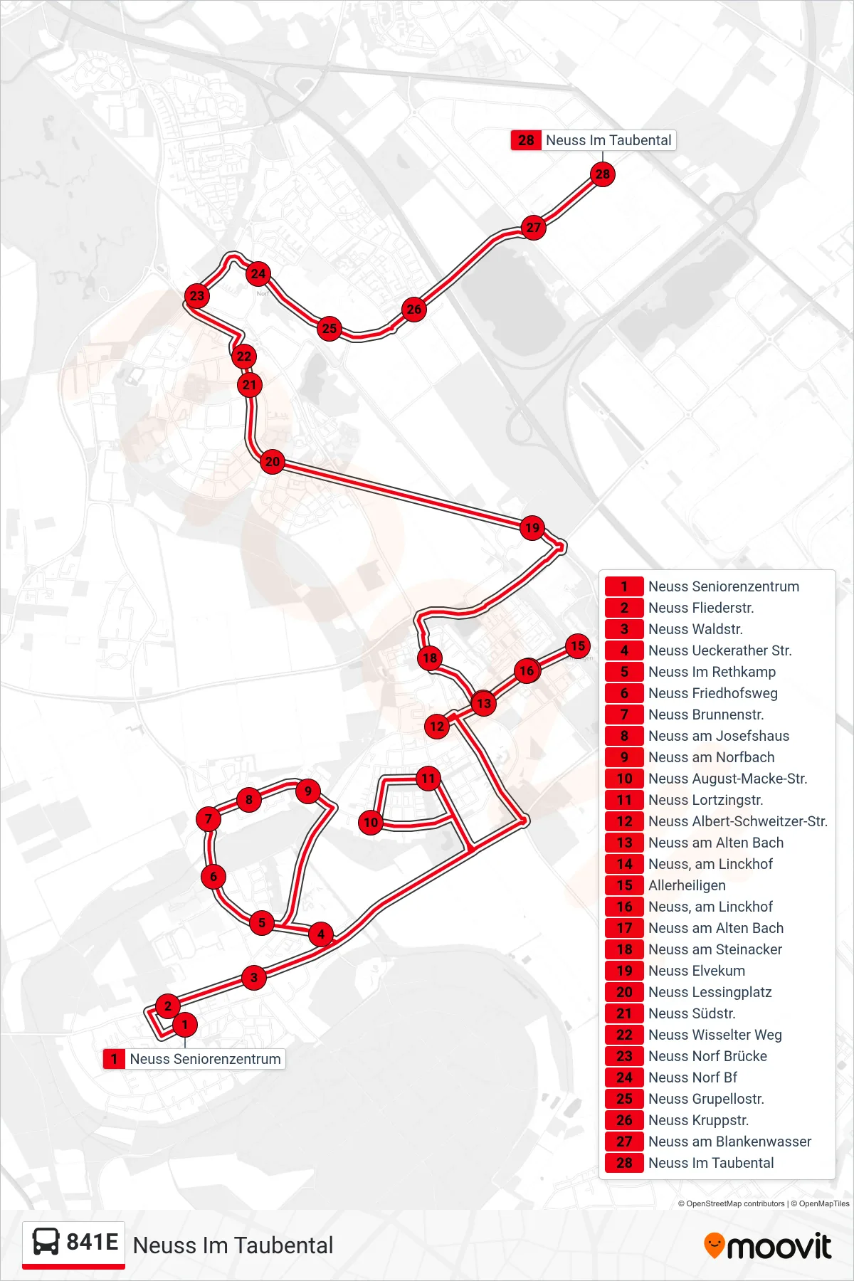 841E bus Line (Neuss Im Taubental) route and stops on a map