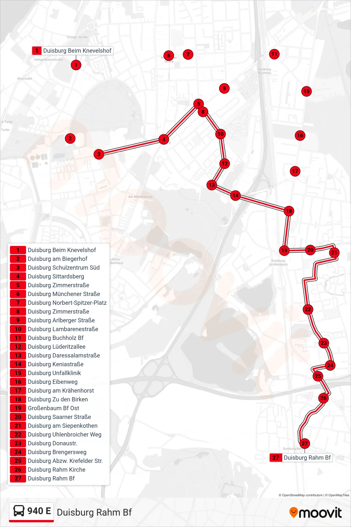 940 E bus Line (Duisburg Rahm Bf) route and stops on a map