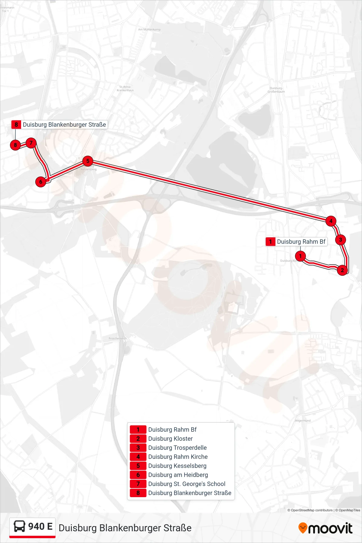940 E bus Line (Duisburg Blankenburger Straße) route and stops on a map