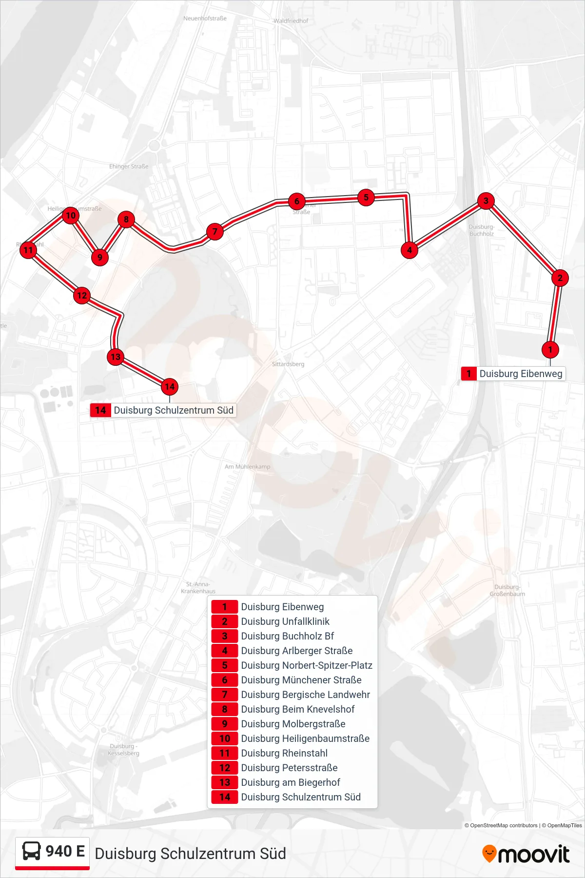 940 E bus Line (Duisburg Schulzentrum Süd) route and stops on a map