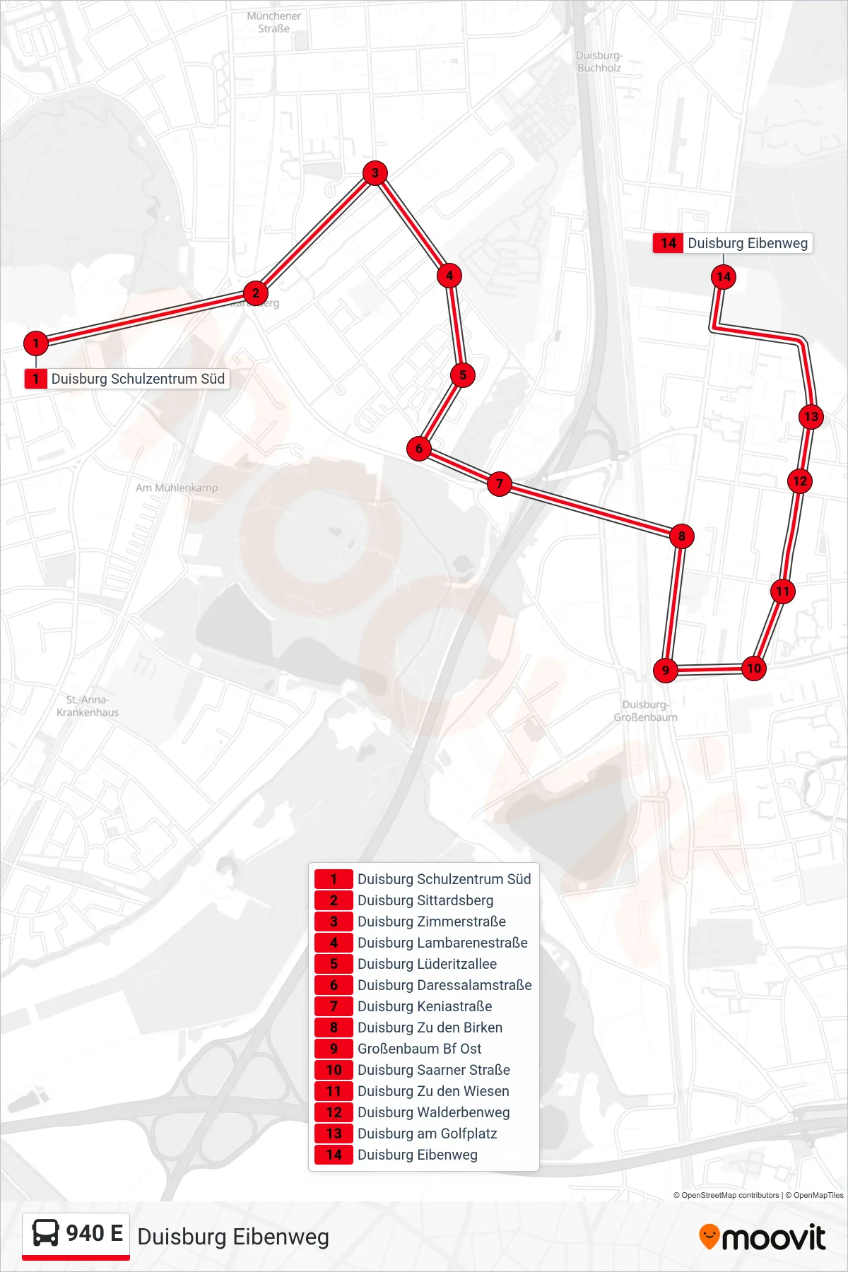940 E bus Line (Duisburg Eibenweg) route and stops on a map